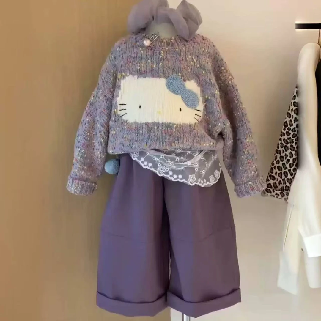 韩系女童港风甜美宝宝套套25新款可爱针织毛衣+蕾丝屁帘紫阔腿裤