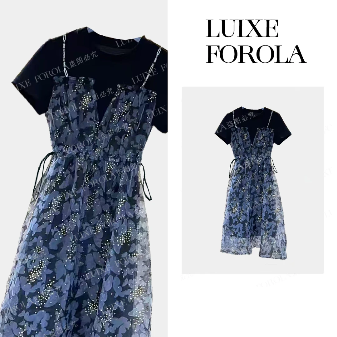 【05】FOROLA 【鎏金蝶梦】夏季新款假两件大码气质连衣裙 NZ25046