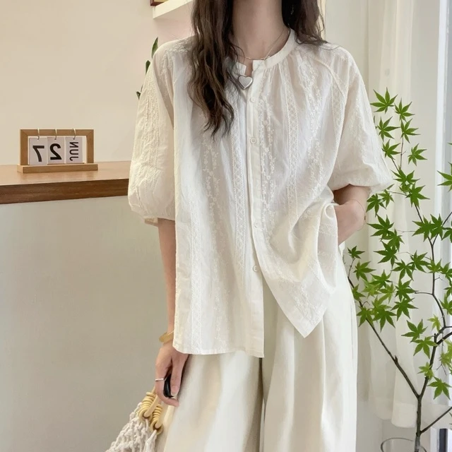 白色泡泡短袖蕾丝衬衫女夏季大码胖mm显瘦高级感上衣正肩减龄衬衣