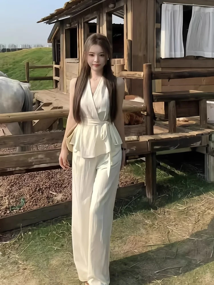 慵懒风韩系V领无袖绑带收腰显瘦小衫套装女夏季高腰阔腿长裤上衣