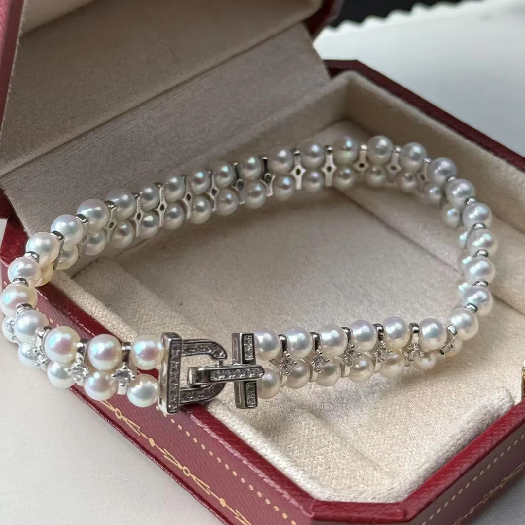 3-4mm天然淡水珍珠手链极强光时尚百搭手排S925银