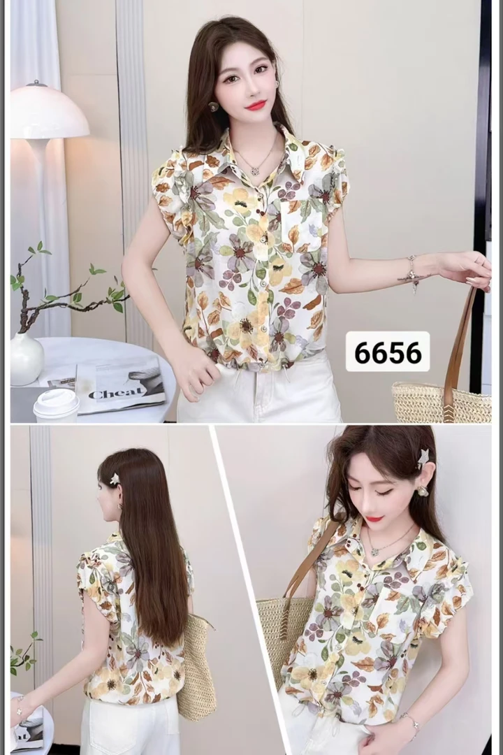 雪纺短袖印花翻领凉爽舒服透气开胸休闲百搭减龄气质洋气甜美上衣