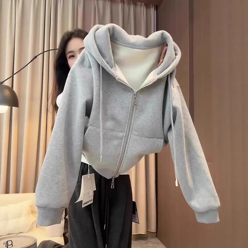 韩版宽松百搭加厚保暖连帽外套女2025秋冬新款欧美大口袋休闲卫衣