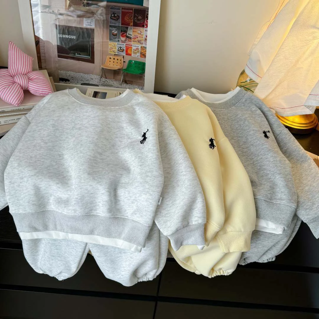 韩版订单款品牌*秋新款刺绣假两件卫衣套装/男女宝同款/小中大童