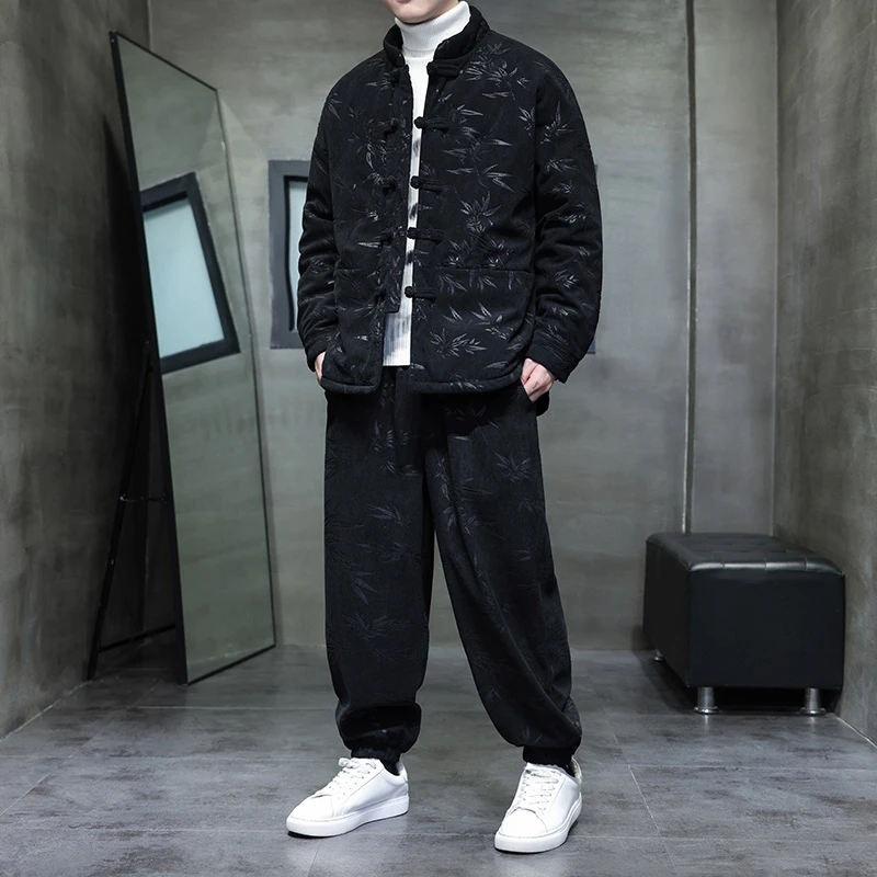 新中式唐装灯芯绒棉衣男立领提花套装加绒束脚裤棉袄整套胖人大码