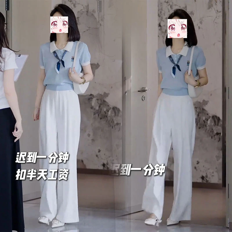 气质夏装垂感显腿长休闲裤子温柔可爱小熊短款显高短袖针织衫套装