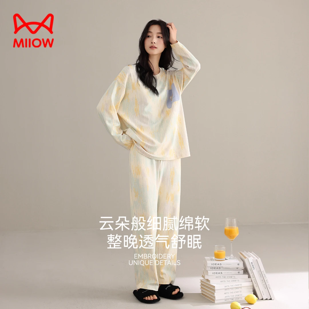 猫人睡衣女士2025春秋季纯棉圆领长袖卡通小熊流行大码全棉家居服