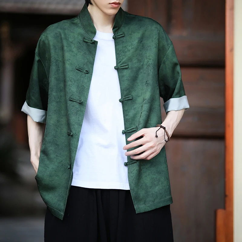 新中式冰丝盘扣压花复古衬衫上衣2025春夏新款中国风透气短袖衬衣