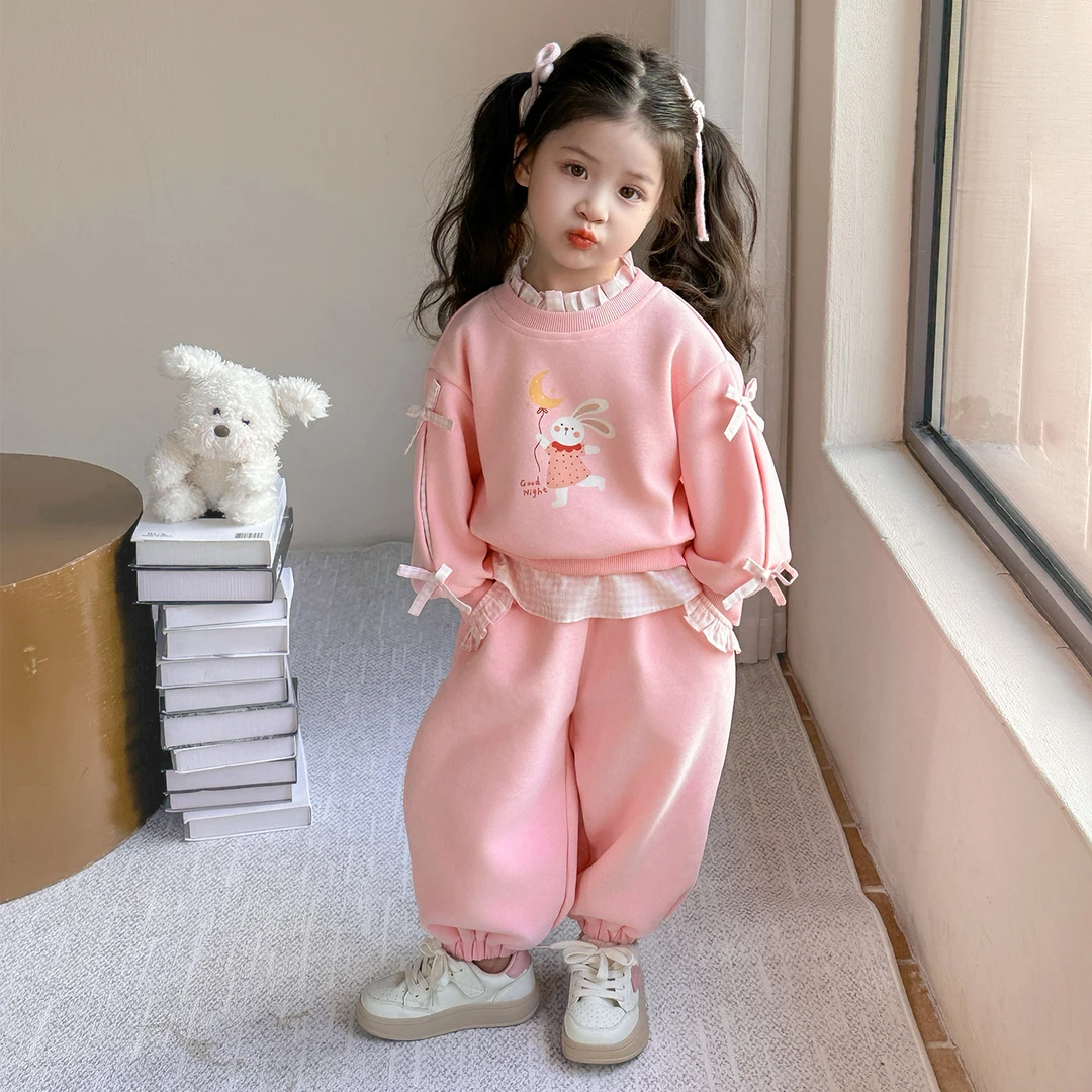 女童秋装套装新款洋气儿童假两件休闲卡通卫衣女孩春秋时髦两件套