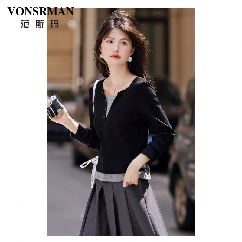 黑色假两件撞色T恤女2025秋季新款棉感修身时尚波点领口长袖小衫