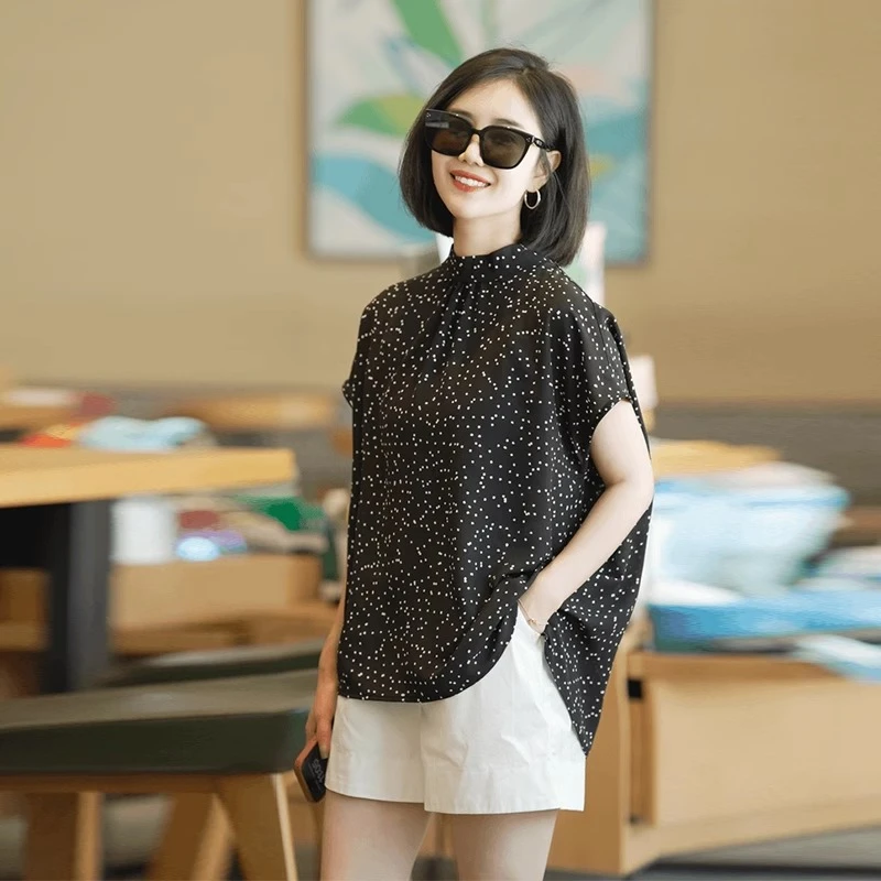 复古波点短袖t恤女款2025夏季立领衬衫宽松显瘦薄款衬衣休闲上衣