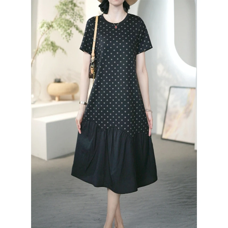 法式黑色圆领波点连衣裙女夏季大码女装修身显瘦减龄长裙子A21801
