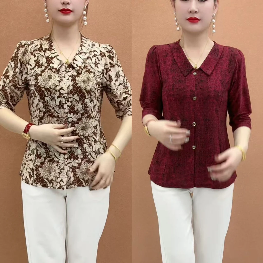 2025夏季新款娃娃领7分袖显瘦百搭上衣妈妈装40-50岁时髦气质11