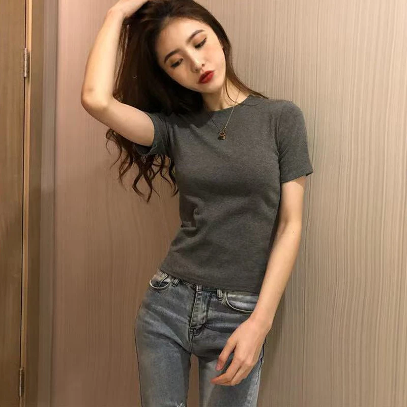 夏季短袖女显瘦百搭上衣洋气时尚简约T恤薄款韩版半袖纯色打底衫