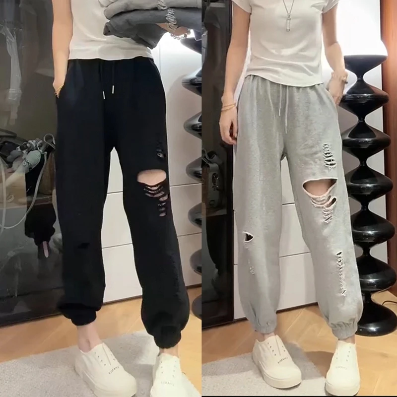 Aimeerosa/艾洛莎洋气破洞裤休闲卫裤女夏薄款宽松哈伦微胖束脚裤