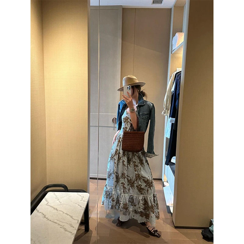 法式高级感洋气独特漂亮印花收腰吊带连衣裙百搭显瘦长袖牛仔外套