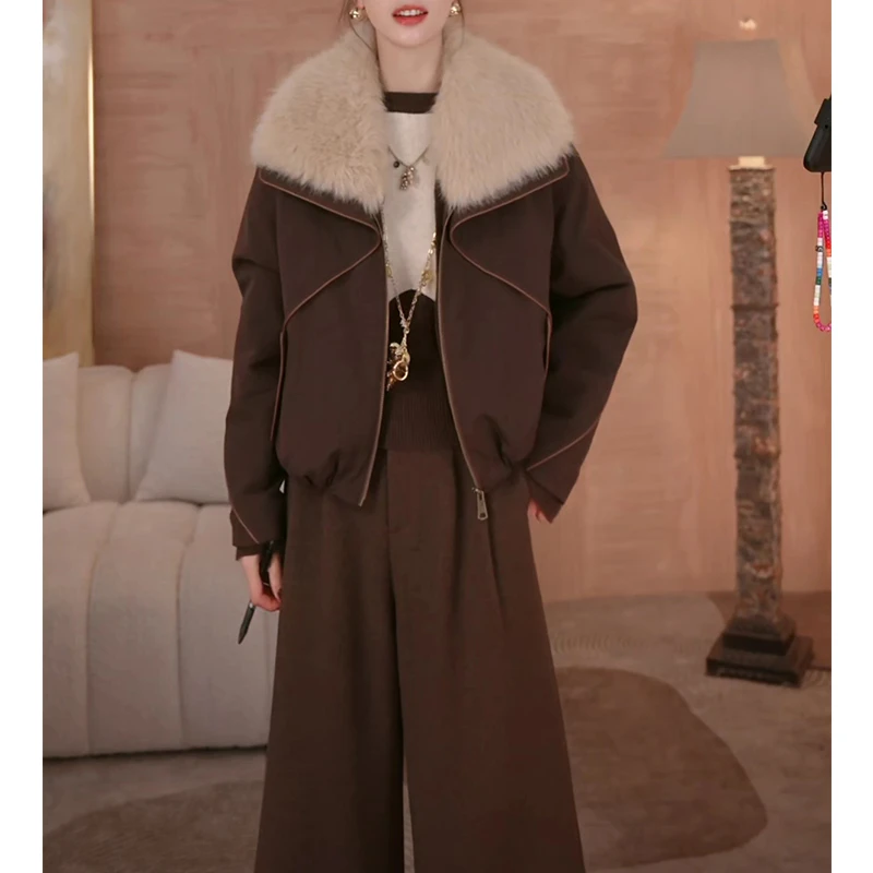 复古时尚毛毛领拼接保暖加绒显瘦外套女2025冬季新款百搭洋气外套