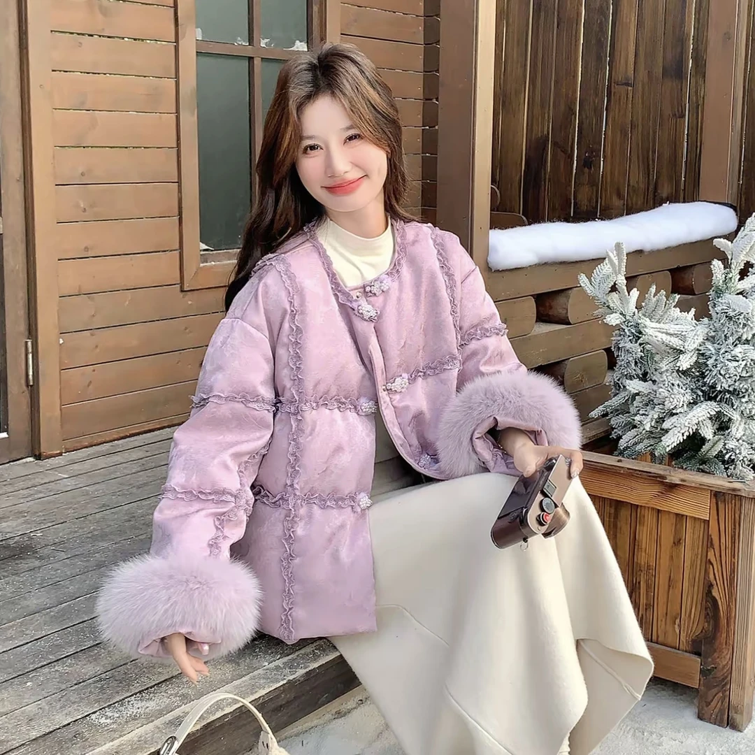 （落日晚霞）新中式国风花边拉花羽绒服