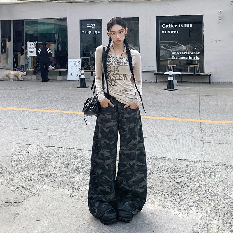 2025春夏新款迷彩百搭高腰休闲裤女宽松复古显瘦阔腿牛仔裤女