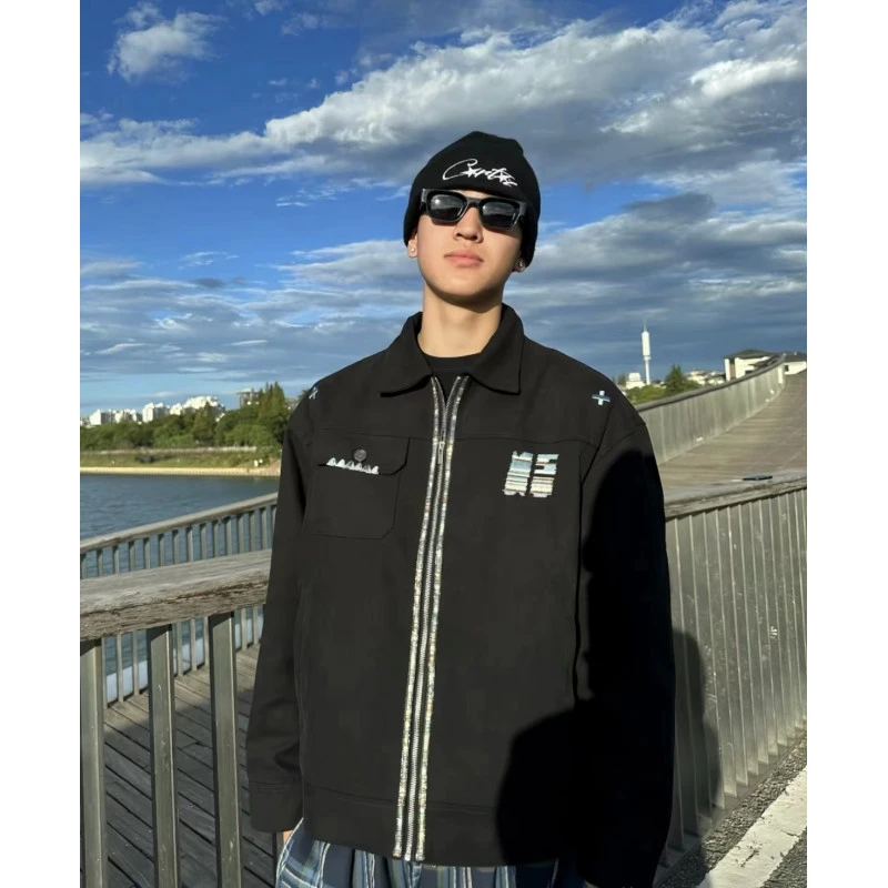 美式复古字母刺绣工装夹克男春秋设计感翻领棒球服高街痞帅外套
