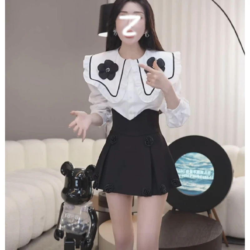 2025秋季新款法式甜美减龄白色衬衫洋气高腰短裙设计感两件套女