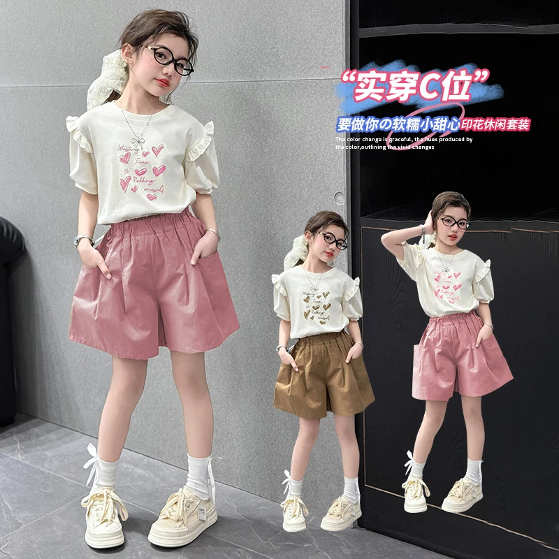 女童套装夏季休闲印花中大童甜美花边泡泡袖短裤夏日两件套洋气新