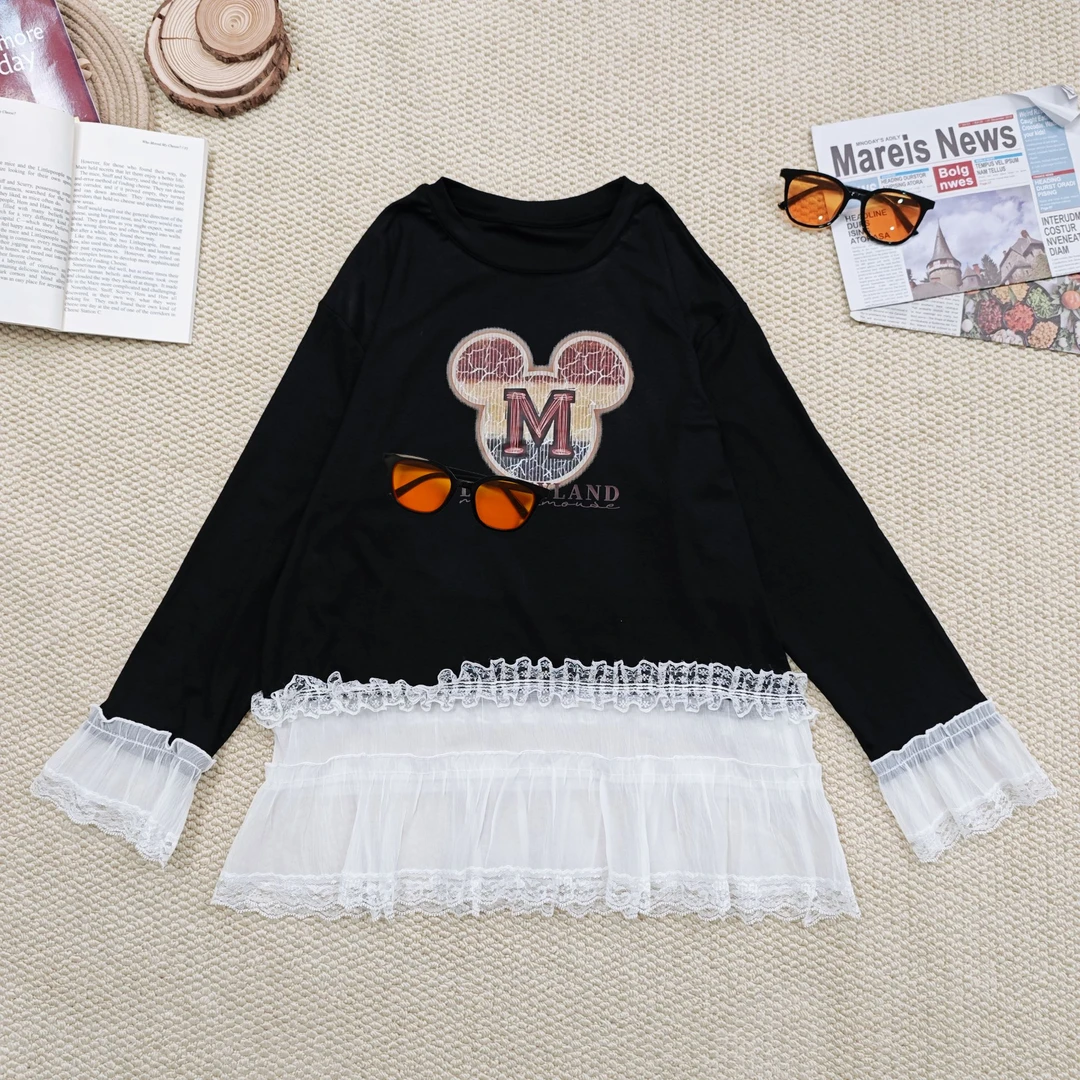 2025春季新款卡通印花拼蕾丝边打底长袖T恤1122