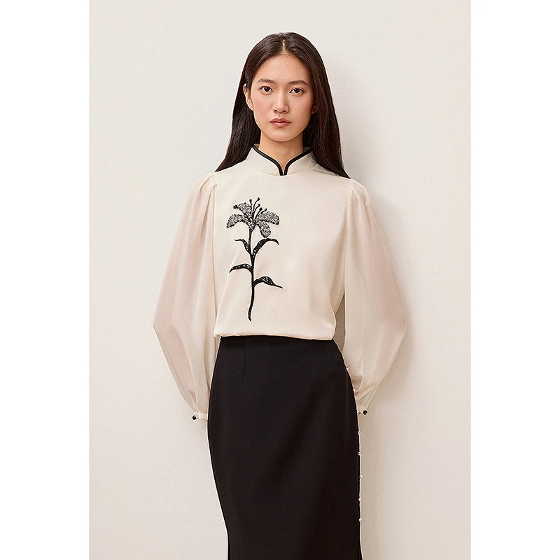 OBBLIGATO奥丽嘉朵2025秋季米白立领刺绣女上衣1C35370320
