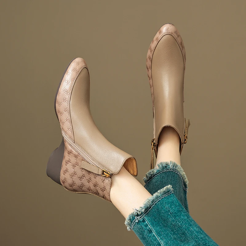 跟高4.5cm/羊34-40法式芒果头双拉链短靴女成型底中粗跟厚底加绒