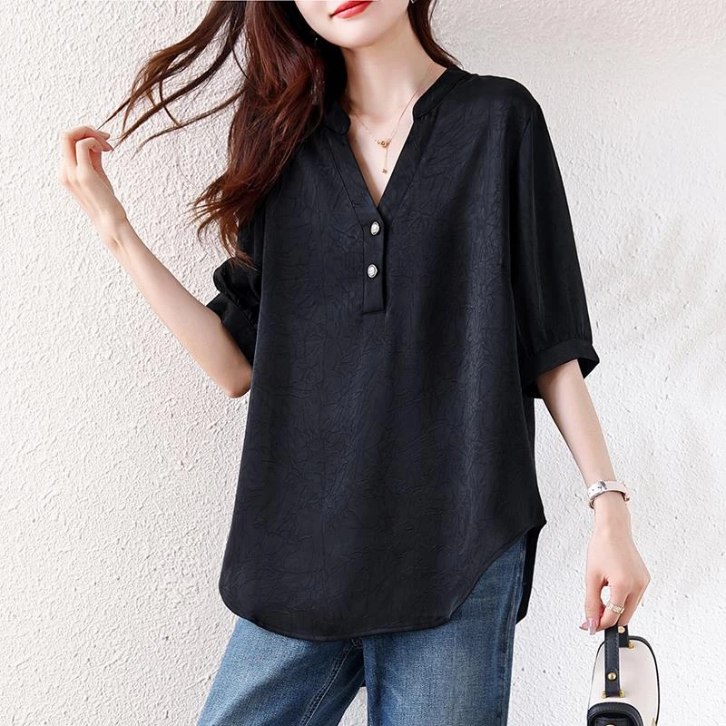 LOzPV领提花黑色衬衫女2025夏季新款新中式短袖上衣大码女装