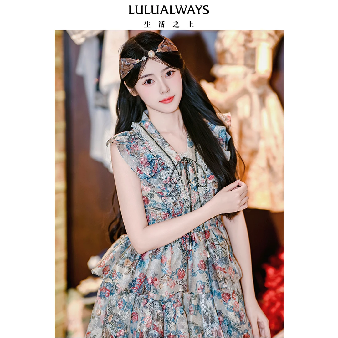 LULUALWAYS【商场同款】25夏季新款甜美浪漫复古风荷叶边短连衣裙