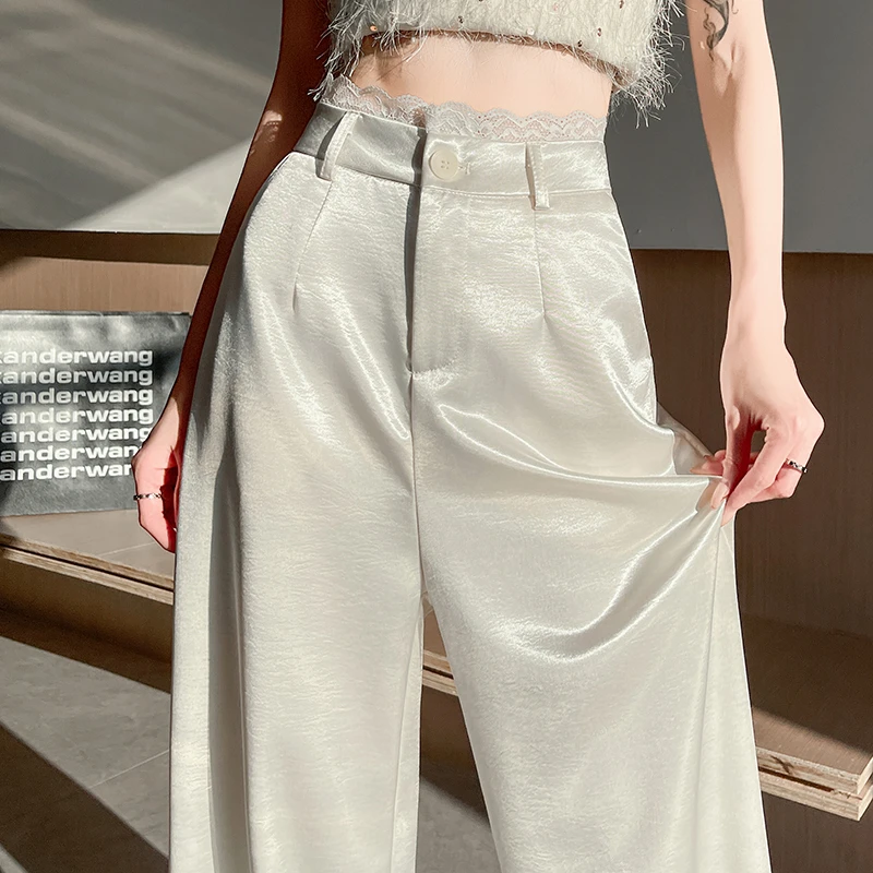 醋酸缎面阔腿休闲裤女夏季2025新款高腰直筒裤子垂感宽松拖地长裤