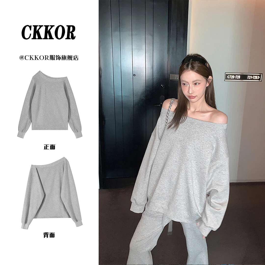 CKKOR斜肩长袖t恤女早秋新款辣妹纯欲风薄款显瘦休闲百搭慵懒上衣