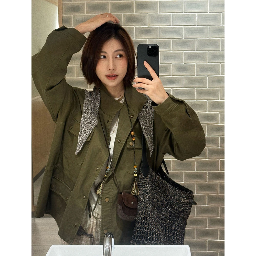 【MGDM】美式复古！重工砂洗撞色条纹多口袋工装风外套夹克秋款女