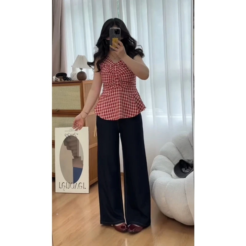 【秋季】大码复古美式丹宁蓝裤子女款胖mm显瘦牛仔裤