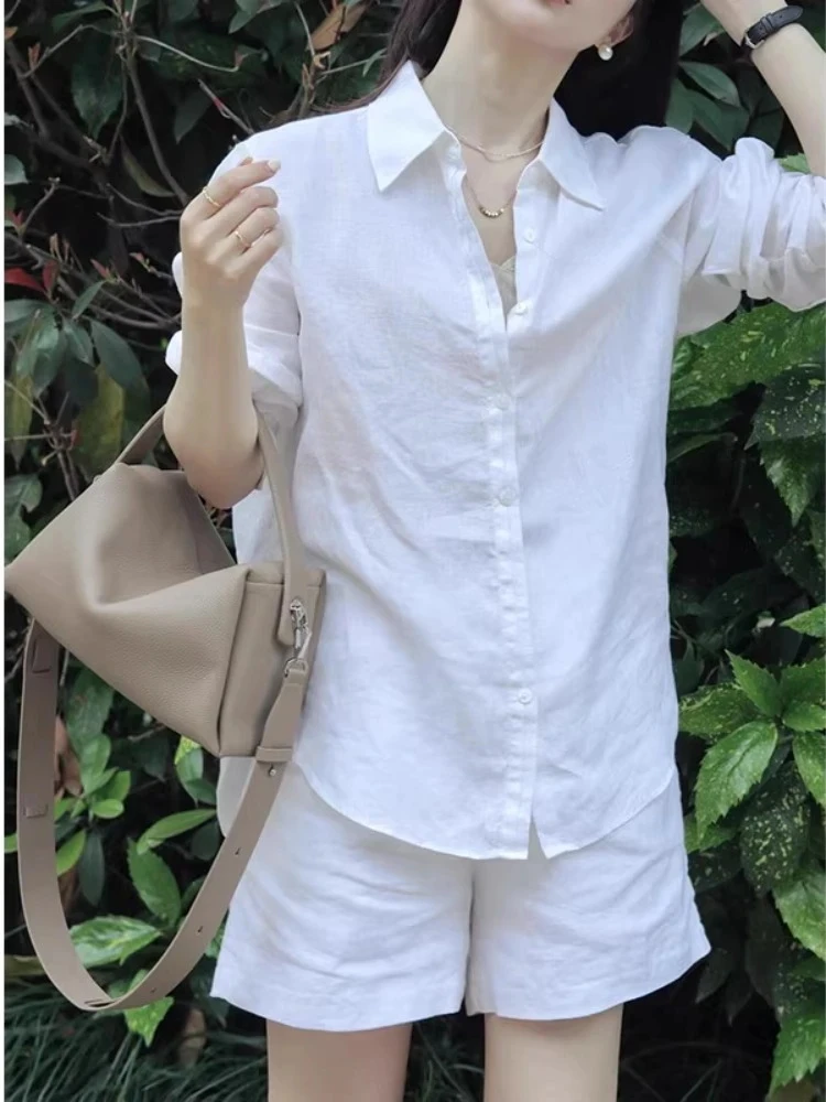 夏季气质简约白色衬衫高端亚麻套装女2025休闲防晒衬衣短裤两件套