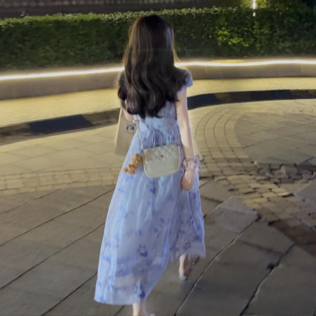 【现货+运补】茶歇紫色碎花连衣裙女夏海边度假风收腰气质长裙4596