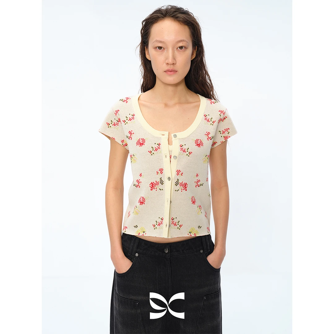 Square Circle方圆碎花提花针织吊带背心短袖上衣开衫两件套