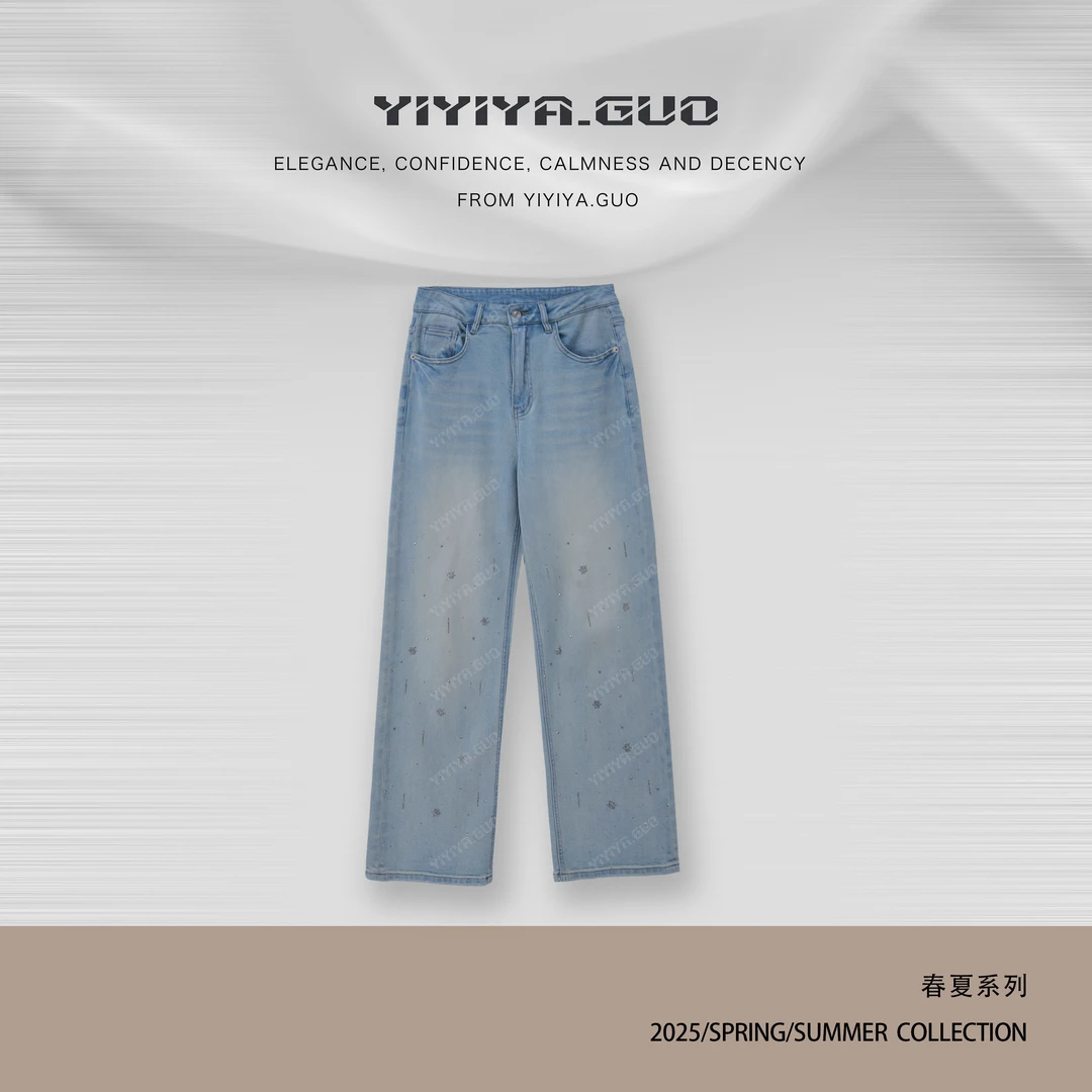 yiyiya.Guo艺艺吖【烫钻裤】手工钉珠直筒牛仔裤25SS0433