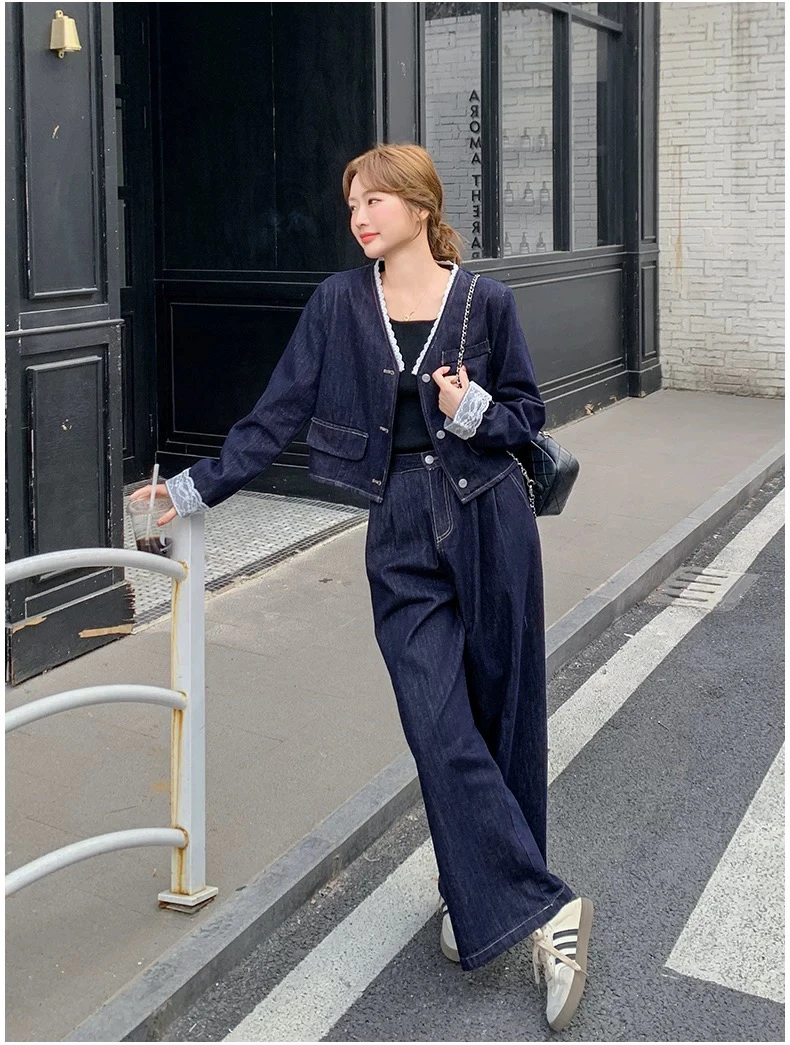 2528韩版牛仔拼接套装女春季新款休闲气质蕾丝拼接外套阔腿裤两件