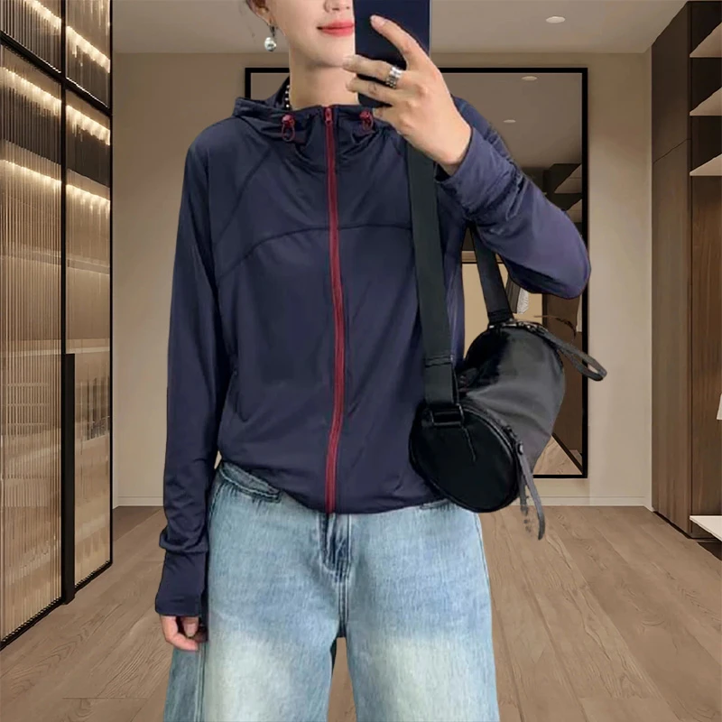 休闲显瘦轻薄透气防晒外套女士2025年夏季新款运动撞色拉链防晒衣