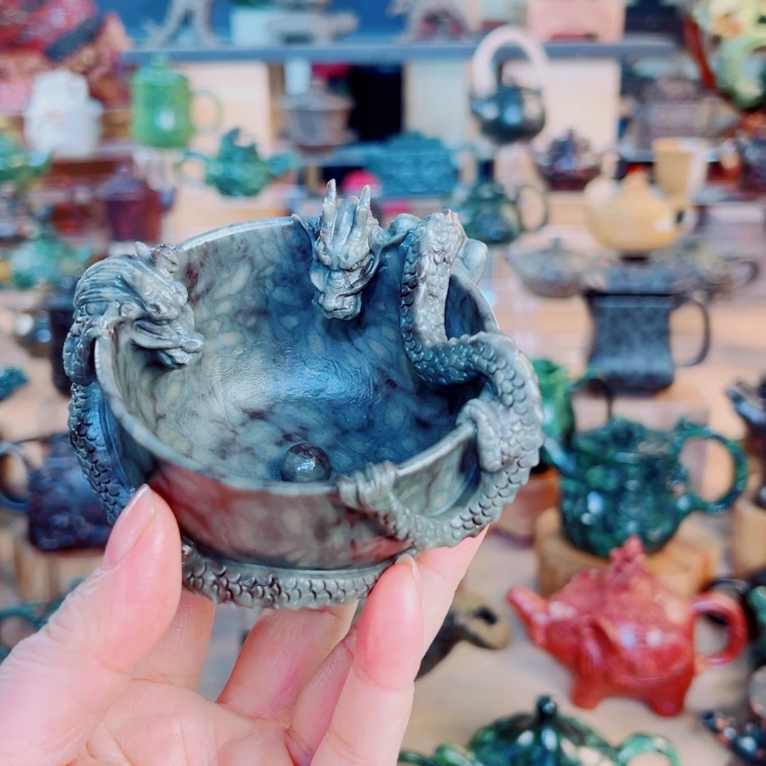 天然石材手工雕刻龙杯二只用****9