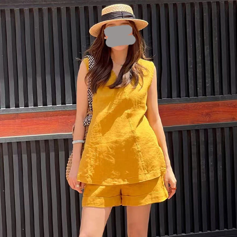 2025年夏季新款纯色无袖衬衫配潮流休闲裤两件套女韩版时尚套装潮