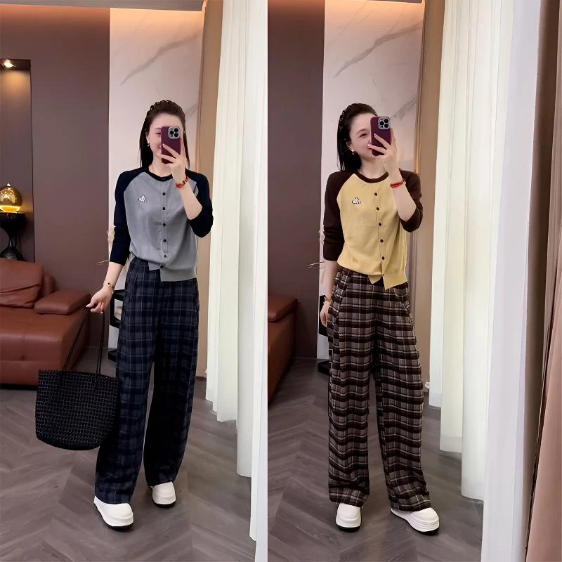 2025秋季新款设计感时尚套装百搭长袖圆领上衣女休闲阔腿裤两件套