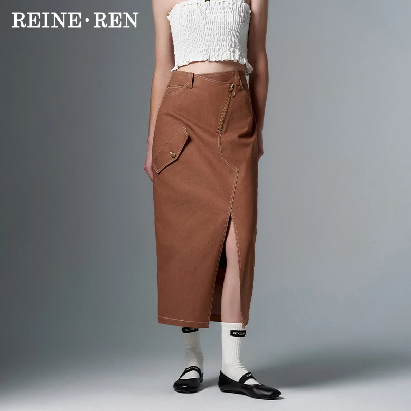 REINEREN设计师任茜春夏新款焦糖色薄款高开叉复古高腰半身长裙