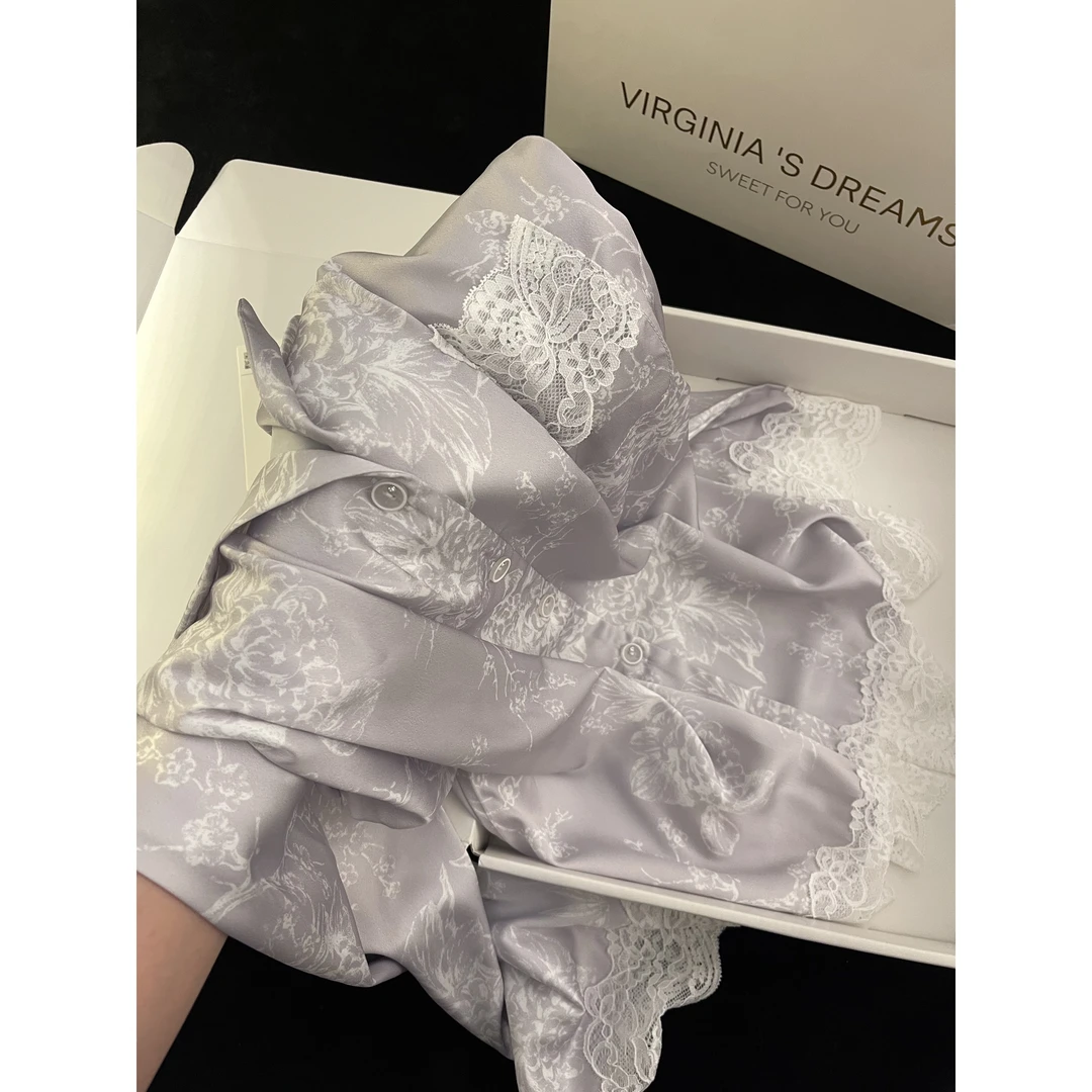 【气质花卉】梦幻紫蕾丝花边冰丝睡衣女套装2025新款春夏外穿家居服