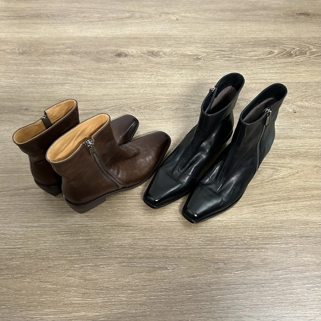 Dannyfrey英伦风头层牛皮小众设计女方头拉链气质切尔西短靴5CM