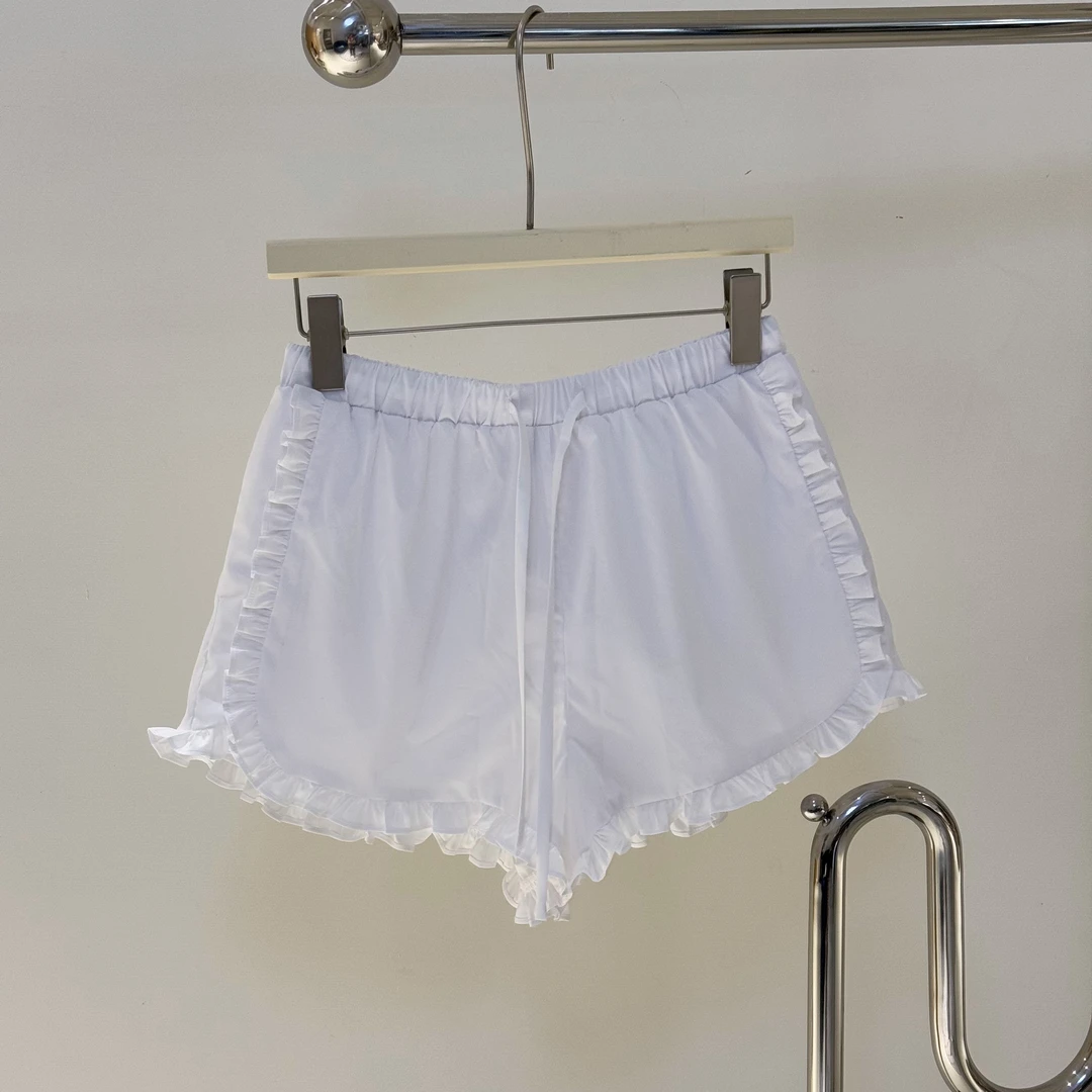 【塔鹿蕾】25年春夏新款阔腿休闲裤木耳边抽绳松紧腰花边短裤D032