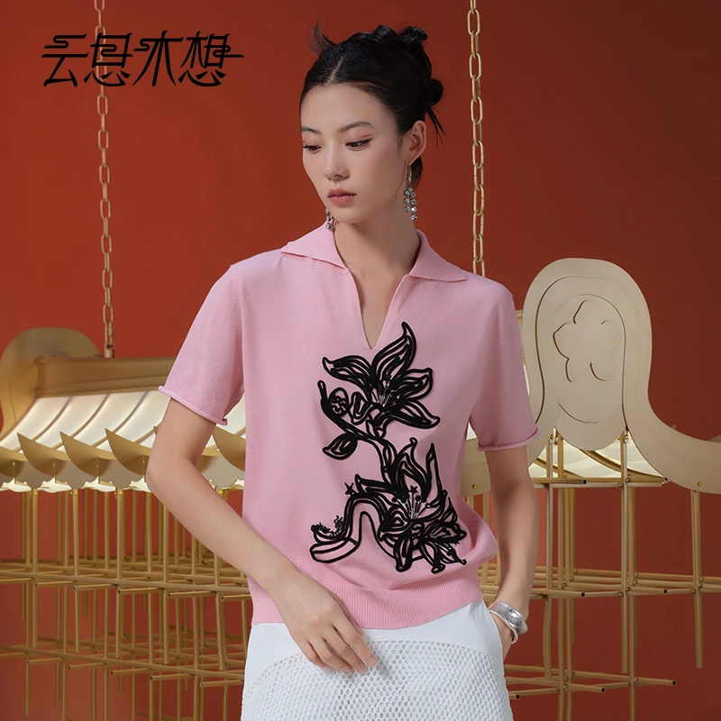 Ysimo-X云思木想 镬耳衔棉 手摇绣花钉珠V领亚麻T恤13302