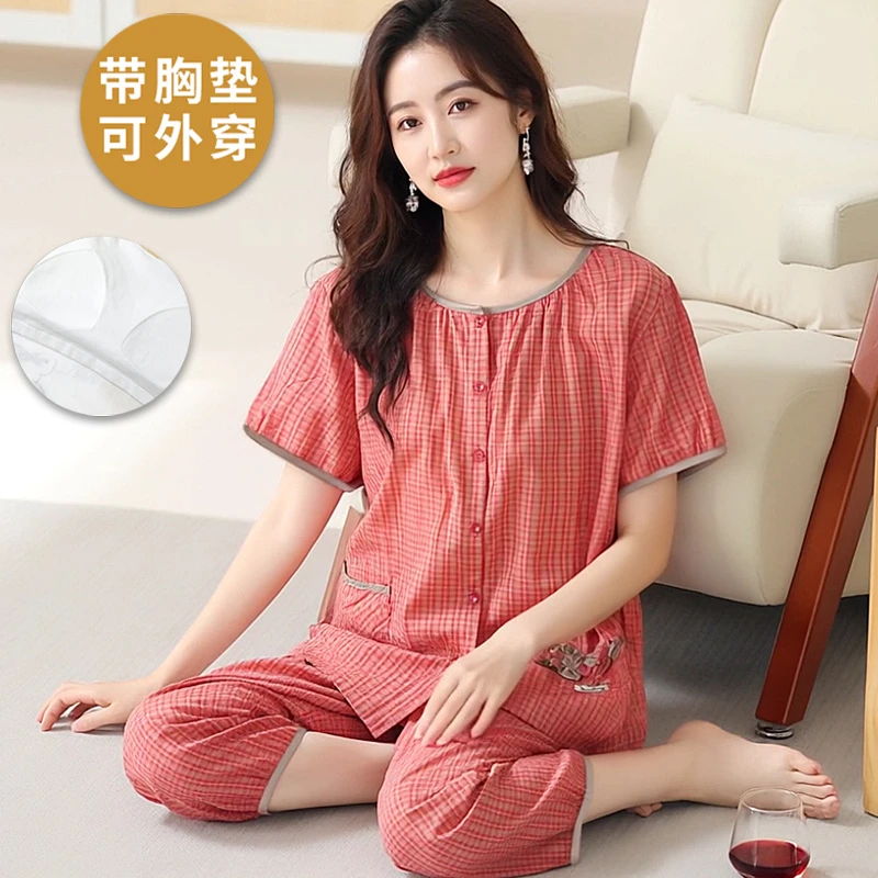 夏季短袖睡衣女款七分裤套装2025年新款带胸垫薄款可爱开衫家居服